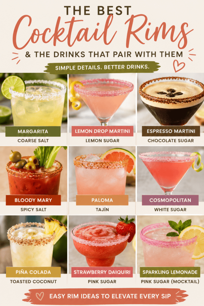 Assorted cocktails with decorative rims and garnishes for drinks.