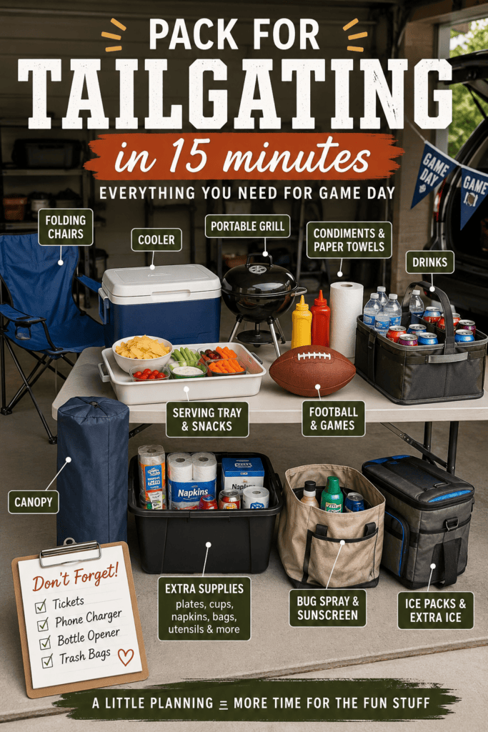 Tailgating essentials including chairs, cooler, grill, and snacks for game day.
