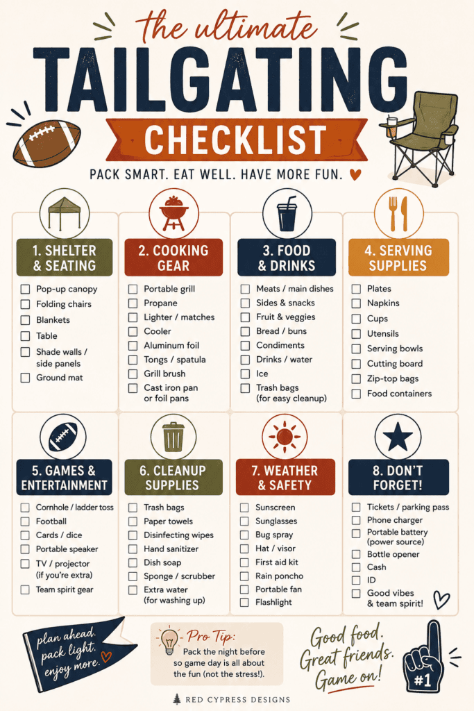 Tailgating checklist for outdoor events with camping chair and food items.