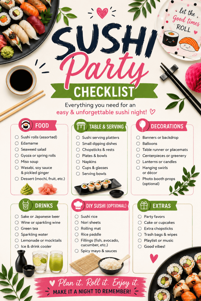Sushi party checklist with categories for food, drinks, decorations, and extras.