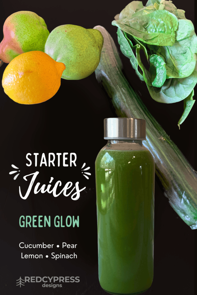 Fresh green juice in a glass bottle with fruits and vegetables around.