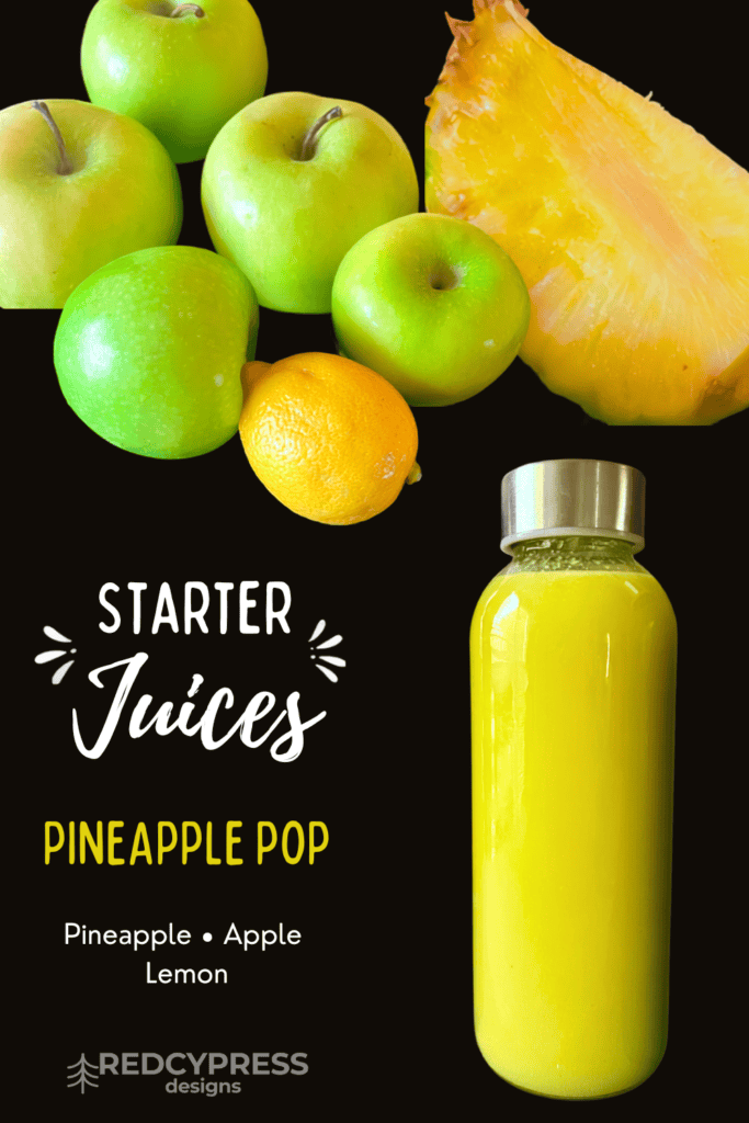 Fresh pineapple and apple juices with a lemon and a juice bottle on black background.