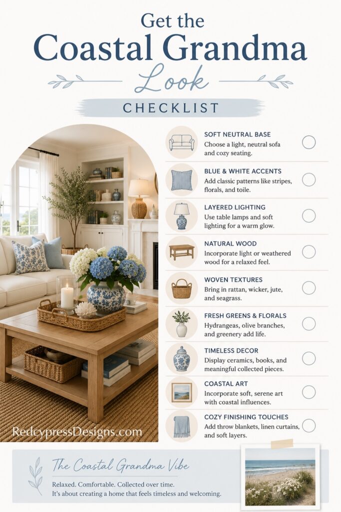 Coastal Grandma Look Checklist with soft neutrals, layered lighting, and natural wood decor.