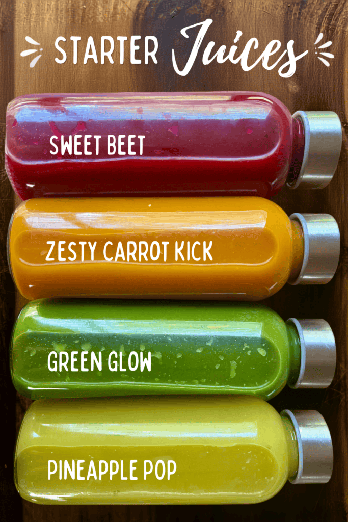Colorful bottles of fresh juice for starter recipes at Redcypress Designs.