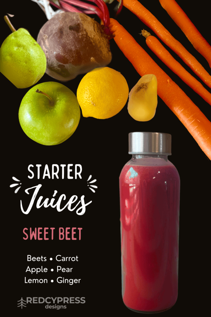 Healthy juice with beets, carrots, apples, pears, lemon, and ginger.