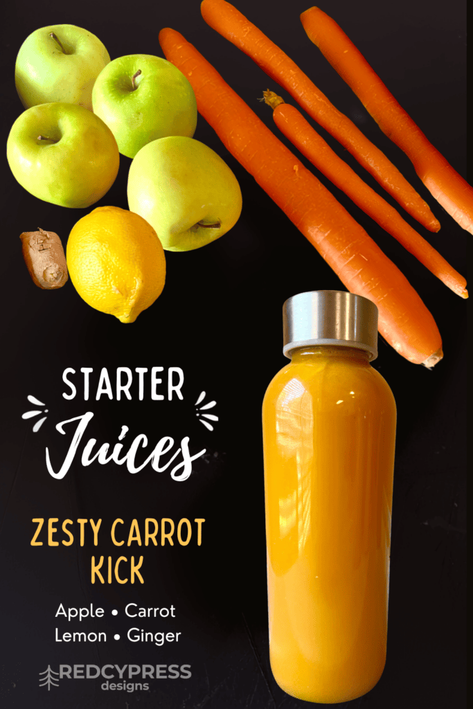 Fresh apples, carrots, lemon, ginger, and a bottle of carrot juice for healthy drinks.