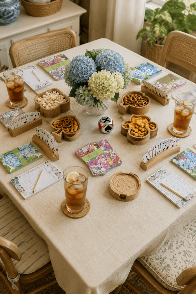 Elegant table setup with hydrangea centerpiece, snacks, and drinks for gathering.