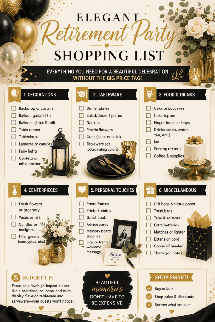 Retirement party shopping list with decorations, tableware, food, drinks, and personal touches.