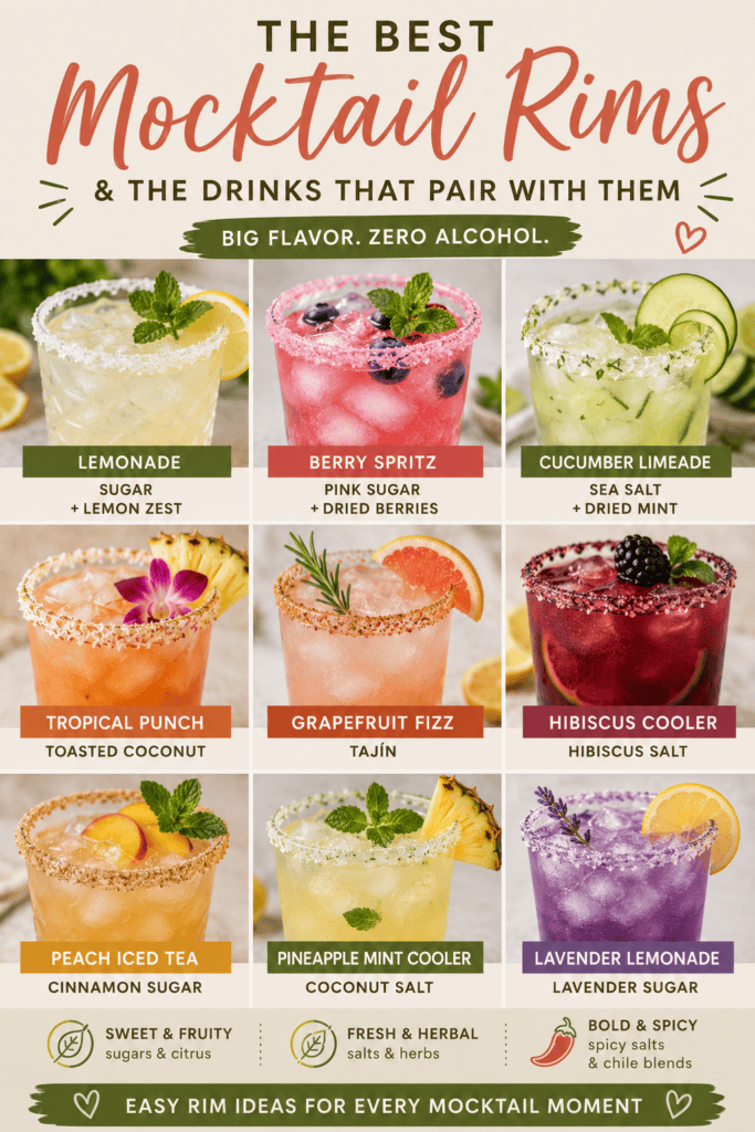 Assorted colorful mocktail drinks with rim garnishes and fresh ingredients.