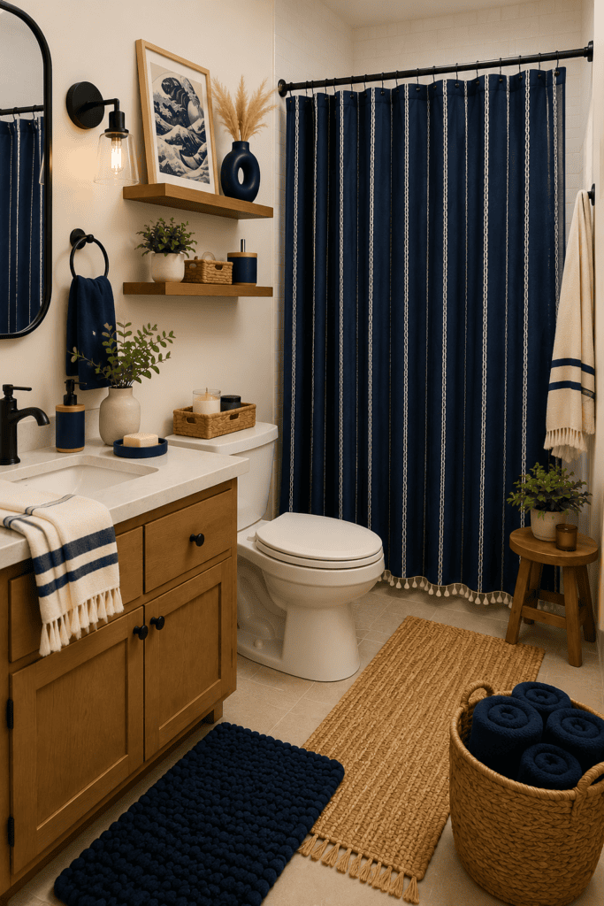 Elegant bathroom with navy blue accents and natural decor elements.