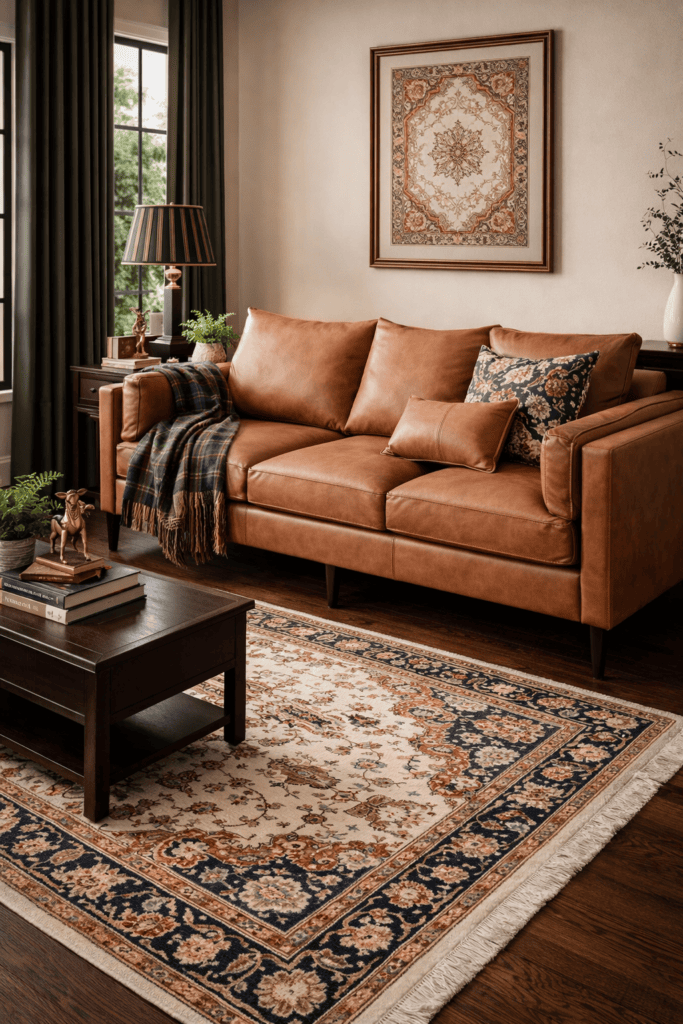 Cozy living room with leather sofa, patterned cushions, and classic rug.