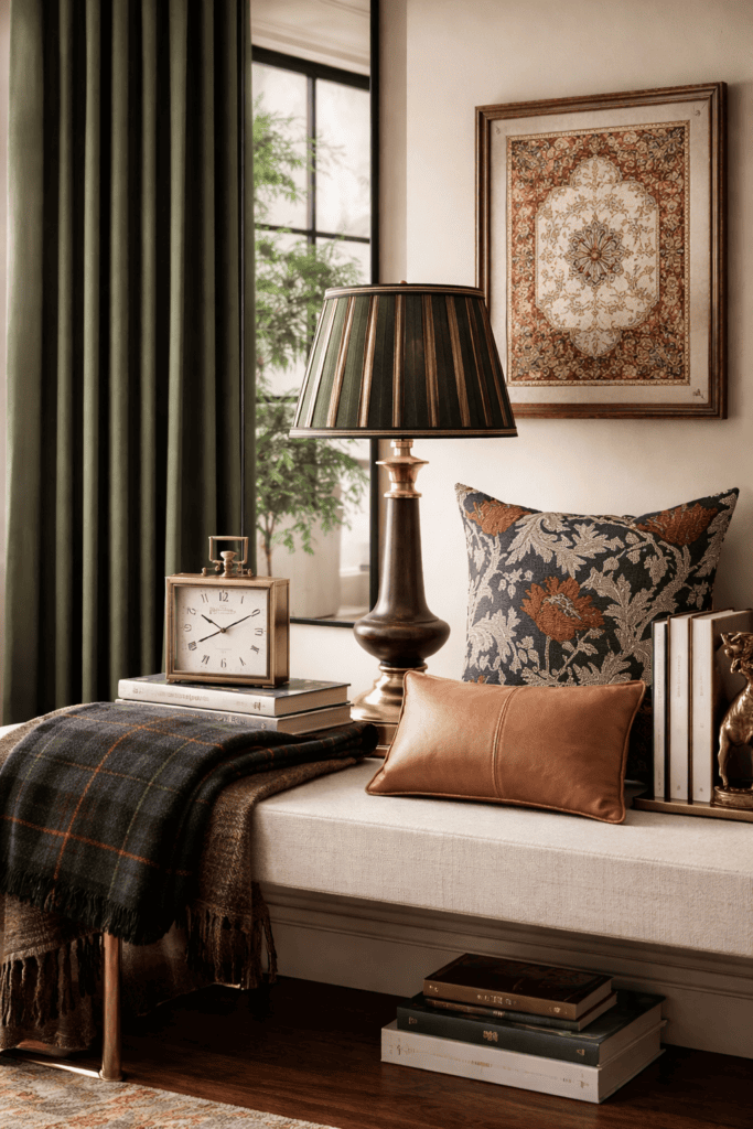 Cozy living room corner with classic lamp, decorative pillows, and framed artwork.