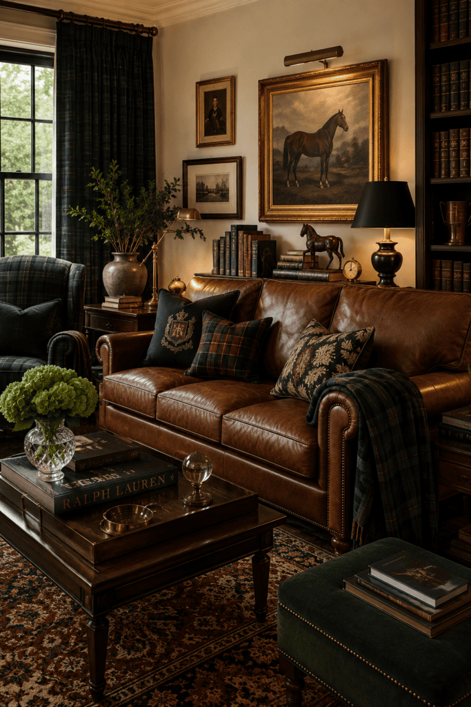 Cozy living room with leather sofa, artwork, and vintage decor.