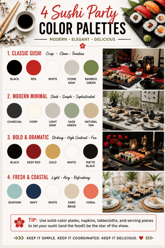 Sushi color palettes for party decor and food presentation.