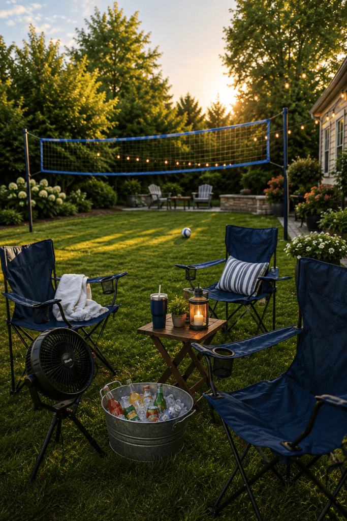 Outdoor backyard scene with volleyball net, chairs, and string lights at sunset.