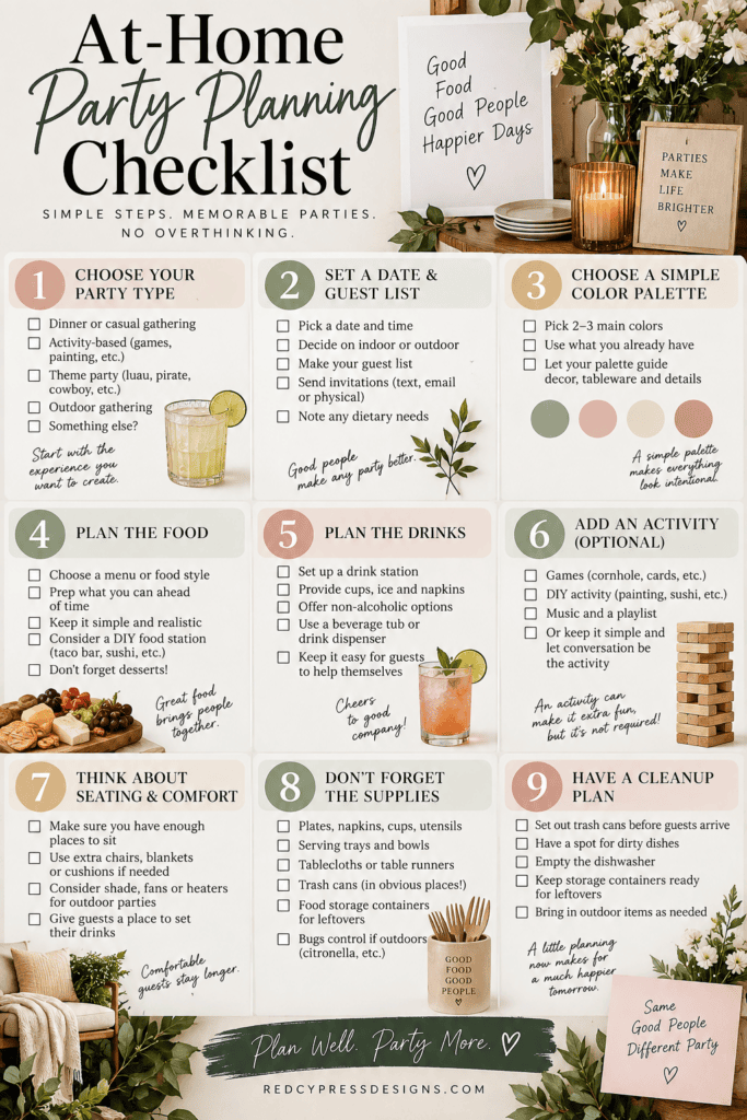 Home party planning checklist with steps for food, drinks, and activities.