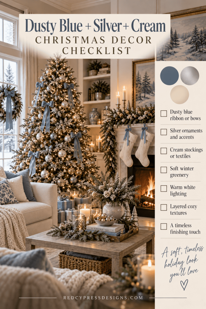 Festive living room with decorated Christmas tree and cozy holiday accents.