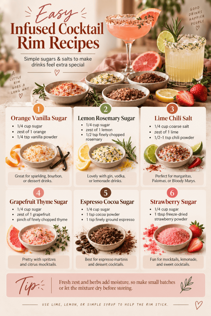 Image of infused cocktail rim recipes with ingredients and tips.