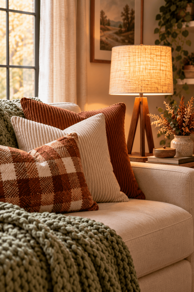 Comfortable sofa with plaid and textured pillows in warm tones.