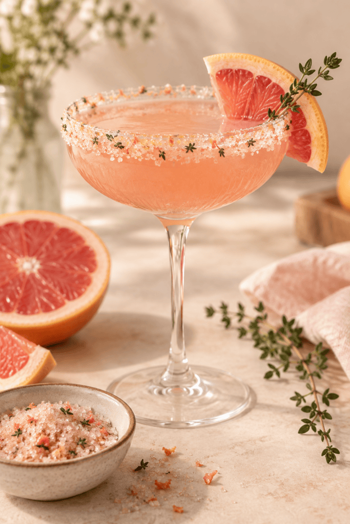 Refreshing grapefruit cocktail with salt rim and citrus garnish.