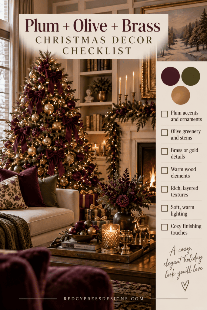 Festive Christmas decor with tree, ornaments, and warm lighting in cozy living room.