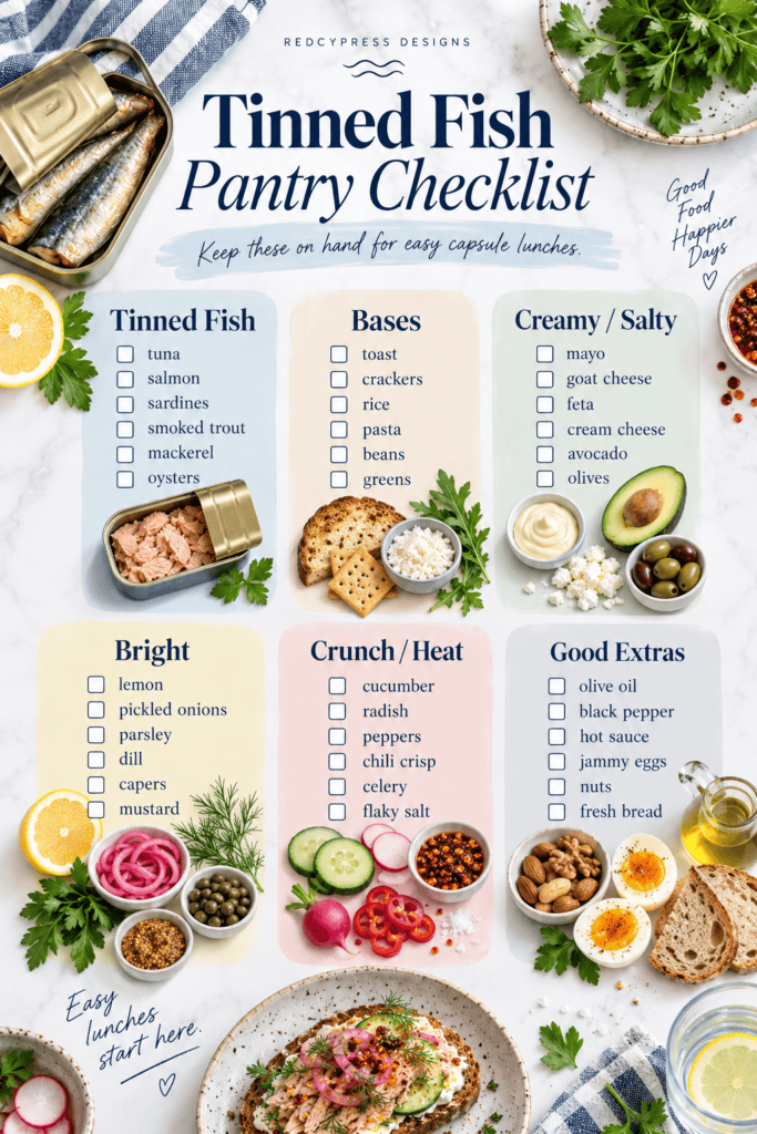 Tinned Fish Pantry Checklist for easy capsule lunches with fresh ingredients.