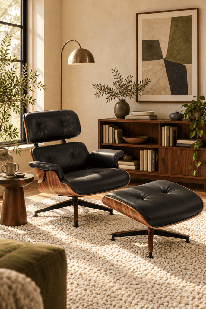 Stylish black leather Eames lounge chair with matching ottoman in cozy living room.