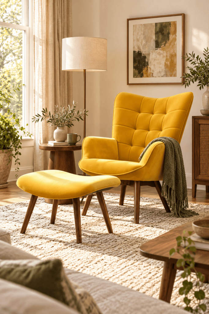 Cozy living room featuring a yellow armchair and matching ottoman with natural light.
