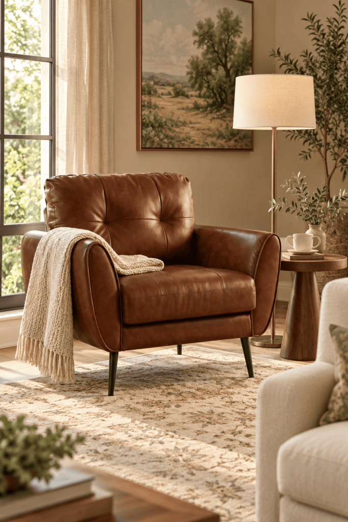 Cozy leather armchair in a stylish living room with natural light.