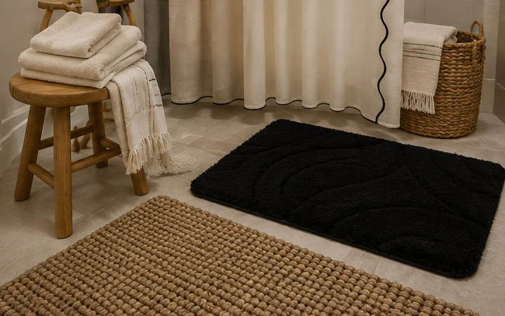 Bathroom with black and brown rugs, towels, and wicker basket.