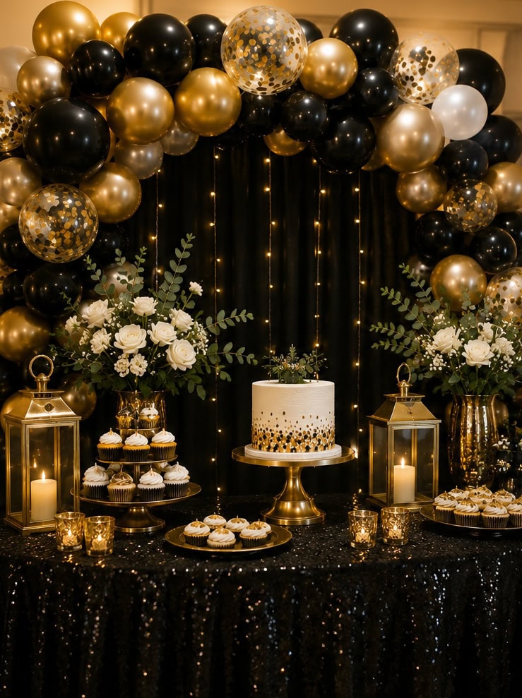 Decorative dessert table with black, gold, and confetti balloons, floral arrangements, and a white,.