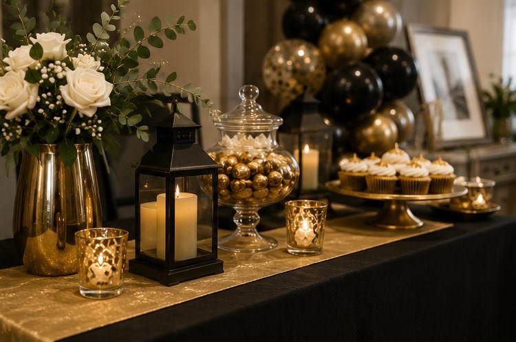 Decorative table setup with gold, black balloons, candles, and cupcakes for celebration.