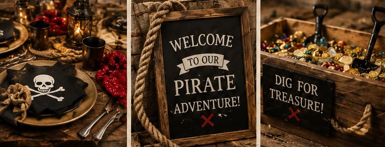 Pirate party setup with skull, treasure chest, and welcome sign.