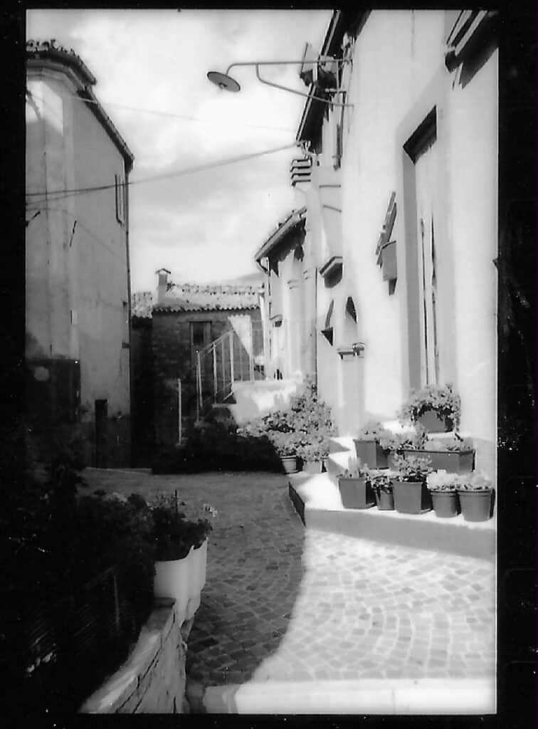 Black and white photo of a narrow European street with potted plants and old buildings.