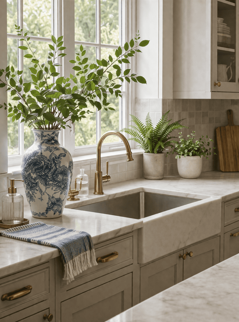 Bright kitchen with plants, marble countertops, and gold fixtures.