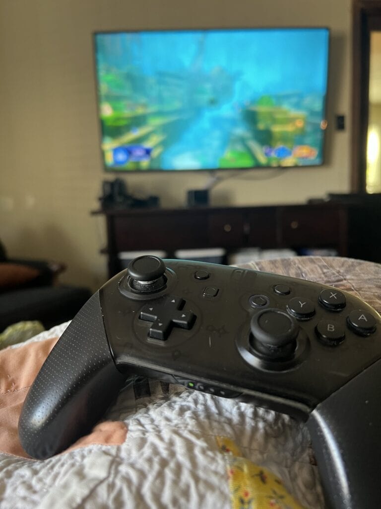 Person holding a Nintendo Pro controller playing Dave The Diver on a TV.
