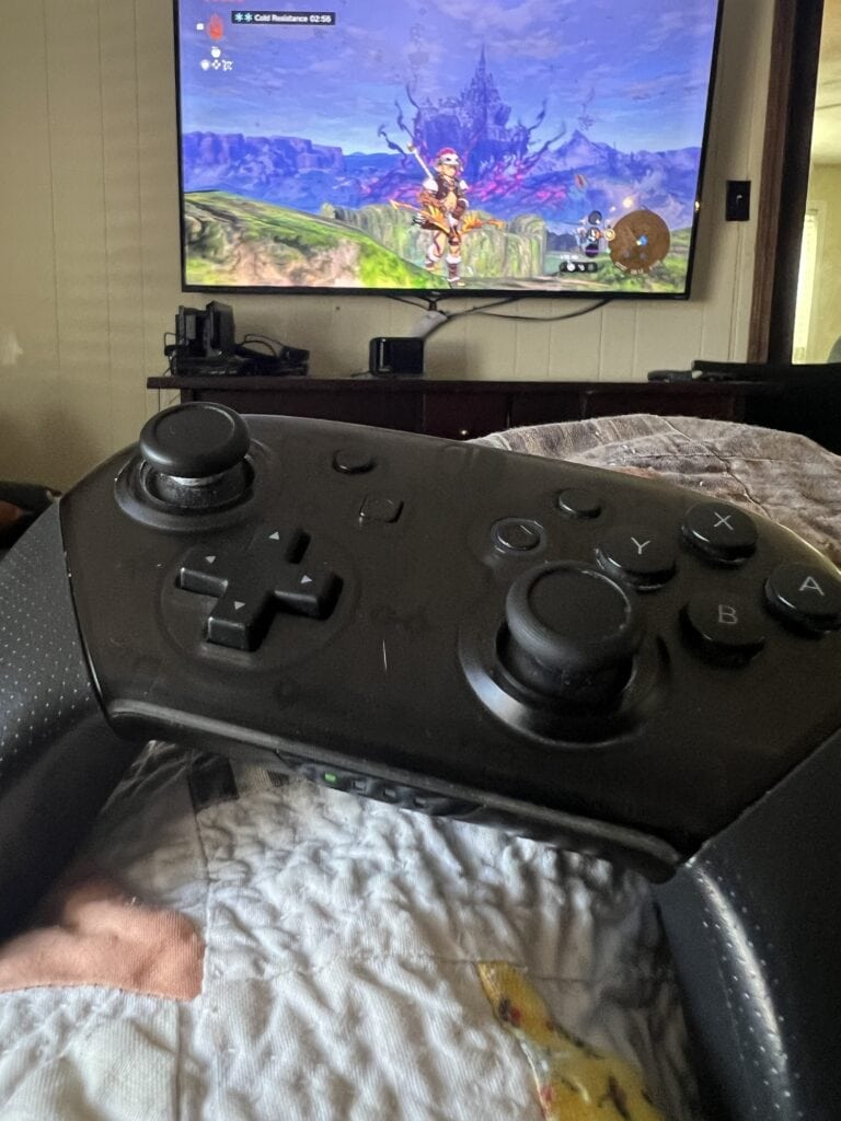 Nintendo Pro Controller in front of a TV displaying Legand of Zelda video game scene.