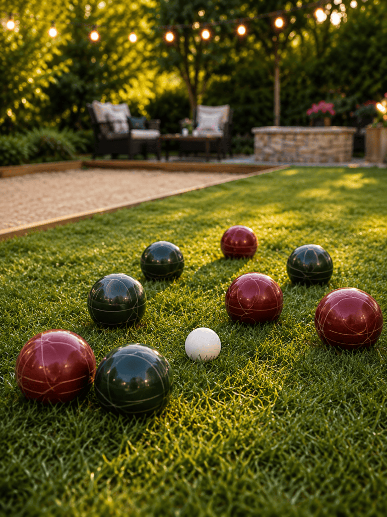 Colorful croquet balls and a white ball on a lush green lawn in a backyard.