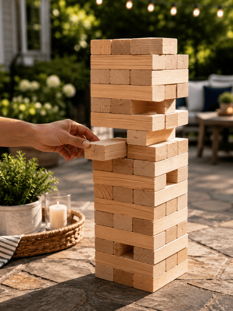 Outdoor wooden Jenga game set up on patio for fun outdoor activity.