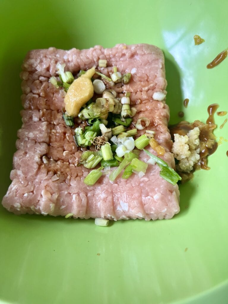 Raw minced meat topped with chopped green onions and ginger in a green bowl.