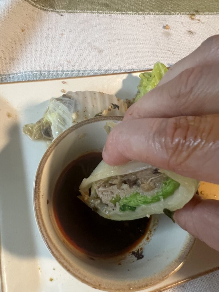 Hand holding a fresh spring roll dipped in soy sauce.