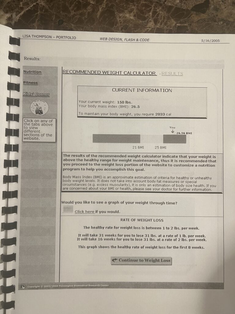 Screenshot of a web page showing a weight management calculator from Redcypress Designs.