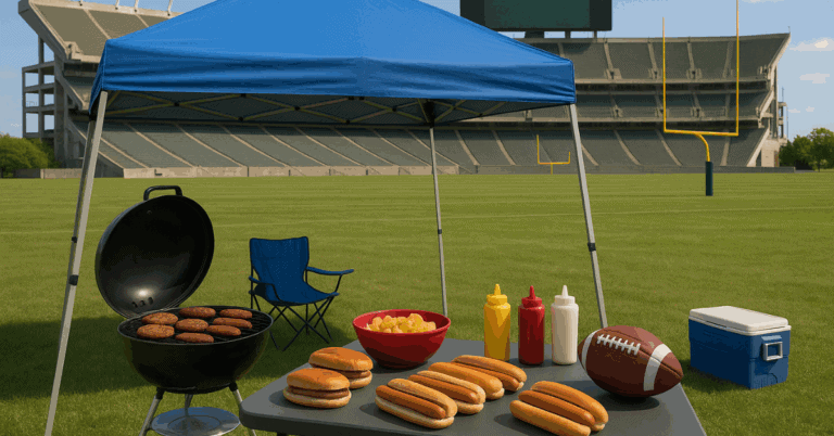 Tailgating setup with grill, hot dogs, snacks, and football on stadium field.