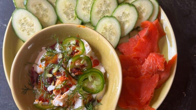 Creamy Greek Yogurt Cucumber Dip with Chili Crunch & Salmon