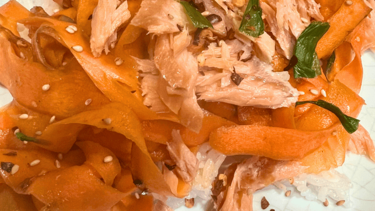 Healthy carrot ribbon salad with honey and shredded chicken. Fresh, colorful, and perfect for a ligh.