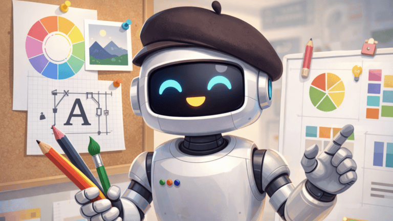 Friendly robot with headphones holding colored pencils, collaborating on design feedback.