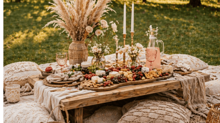Elegant boho picnic table with food, candles, and floral decor in outdoor setting.