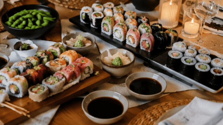 Variety of sushi rolls with soy sauce and wasabi on a wooden table.