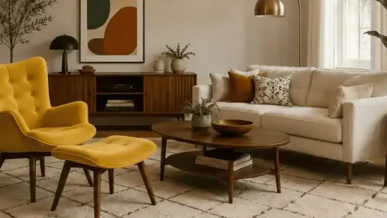 Stylish mid-century modern living room with yellow armchair and white sofa.