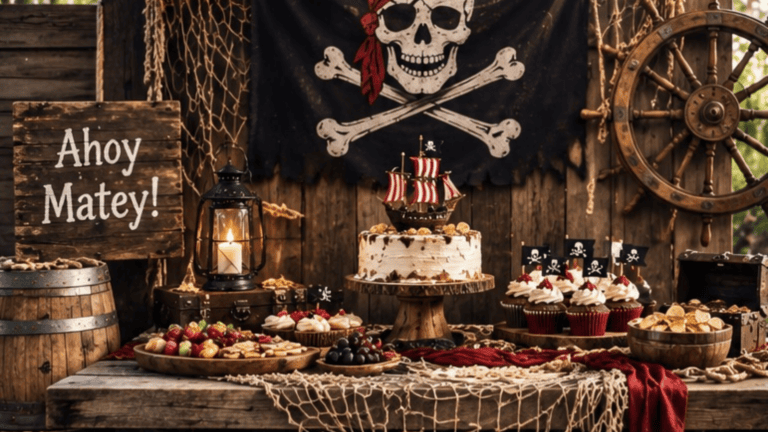 Pirate-themed dessert table with cake, cupcakes, and decorations for a party.